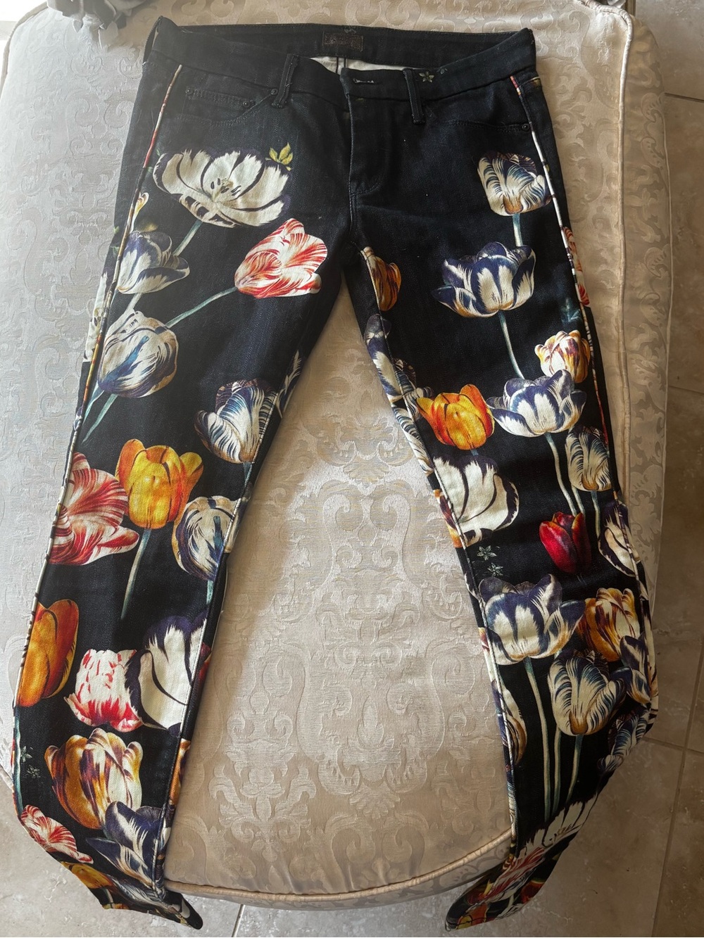 MOTHER Black Skinny Jeans with Multicolor Tulip Print